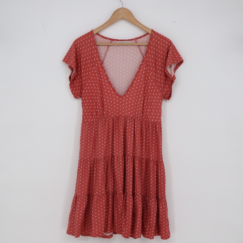 Urban Outfitters Dress Womens M Babydoll Red Floral V-Neck Mini Tiered Excellent